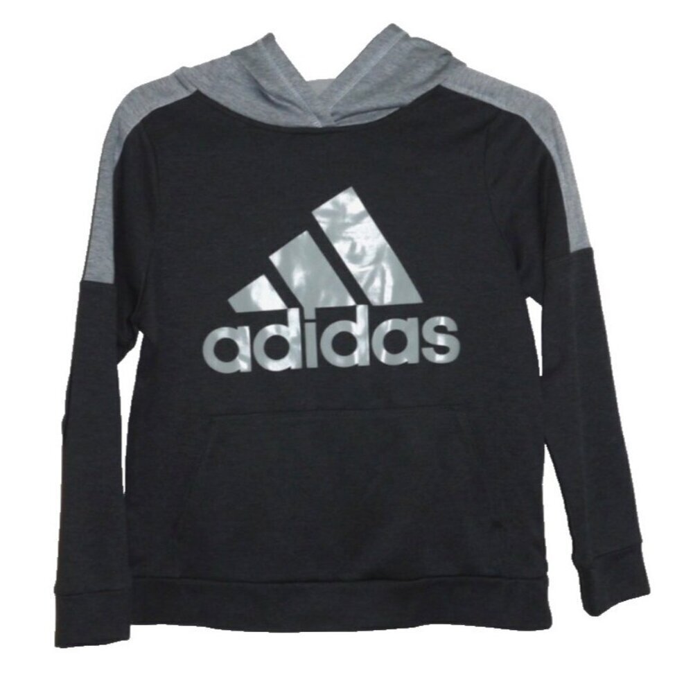 ADIDAS black & gray lightweight hoodie 100% polyester fleece lined YOUTH L 14-16